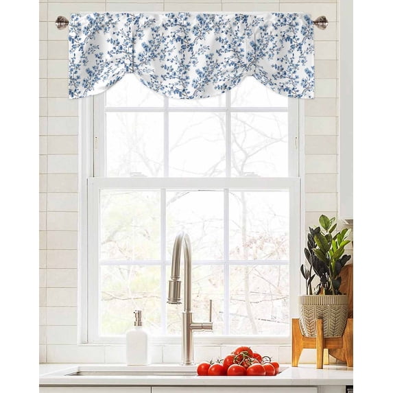 Tie Up Valance Curtain for Kitchen,Watercolors Blue Flowers Rod Pocket Short Curtains Adjustable Tie-Up Shade Valances,Retro Floral Art Window Treatment for Bathroom Living Room Bedroom