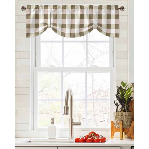 Tie Up Valance Curtain for Kitchen,White Mocha Brown Buffalo Plaid Rod Pocket Short Curtains Adjustable Tie-Up Shade Valances,Gingham Farmhouse Window Treatment for Bathroom Living Room Bedroom