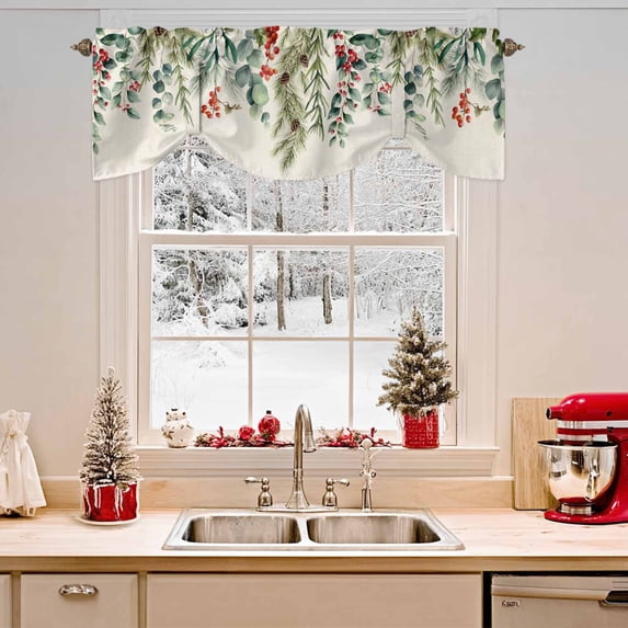 Tie Up Valance Curtain for Kitchen,Winter Green Eucalyptus Leaf Rod Pocket Short Curtains Adjustable Tie-Up Shade Valances,Retro Pine Cone Berry on Linen Window Treatment for Bathroom Living Room