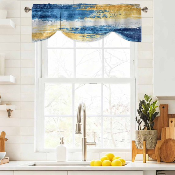 Tie Up Valance Curtain for Kitchen, Yellow Blue Gradient Watercolor Rod Pocket Short Curtains Adjustable Tie-Up Shade Valances, Abstract Color Block Window Treatment for Bathroom Living Room Bedroom