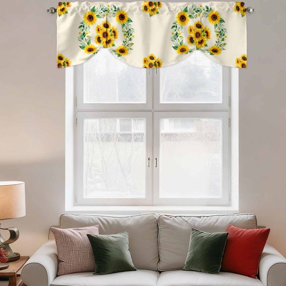Tie Up Valance Curtain for Kitchen,Yellow Sunflower Green Leaf Rod Pocket Short Curtains Adjustable Tie-Up Shade Valances,Summer Country Flower Wreath Window Treatment for Bathroom Living Room