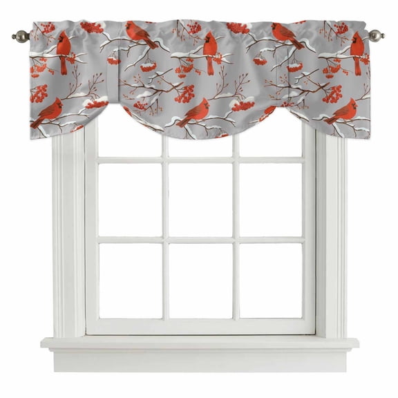Tie Up Valance Curtains for Kitchen Windows Christmas Cardinal Winter Snowflake Rod Pocket curtain, Country Berry on Gray Adjustable Balloon Shades for Kitchen Living Room Bedroom Bathroom 42x12in