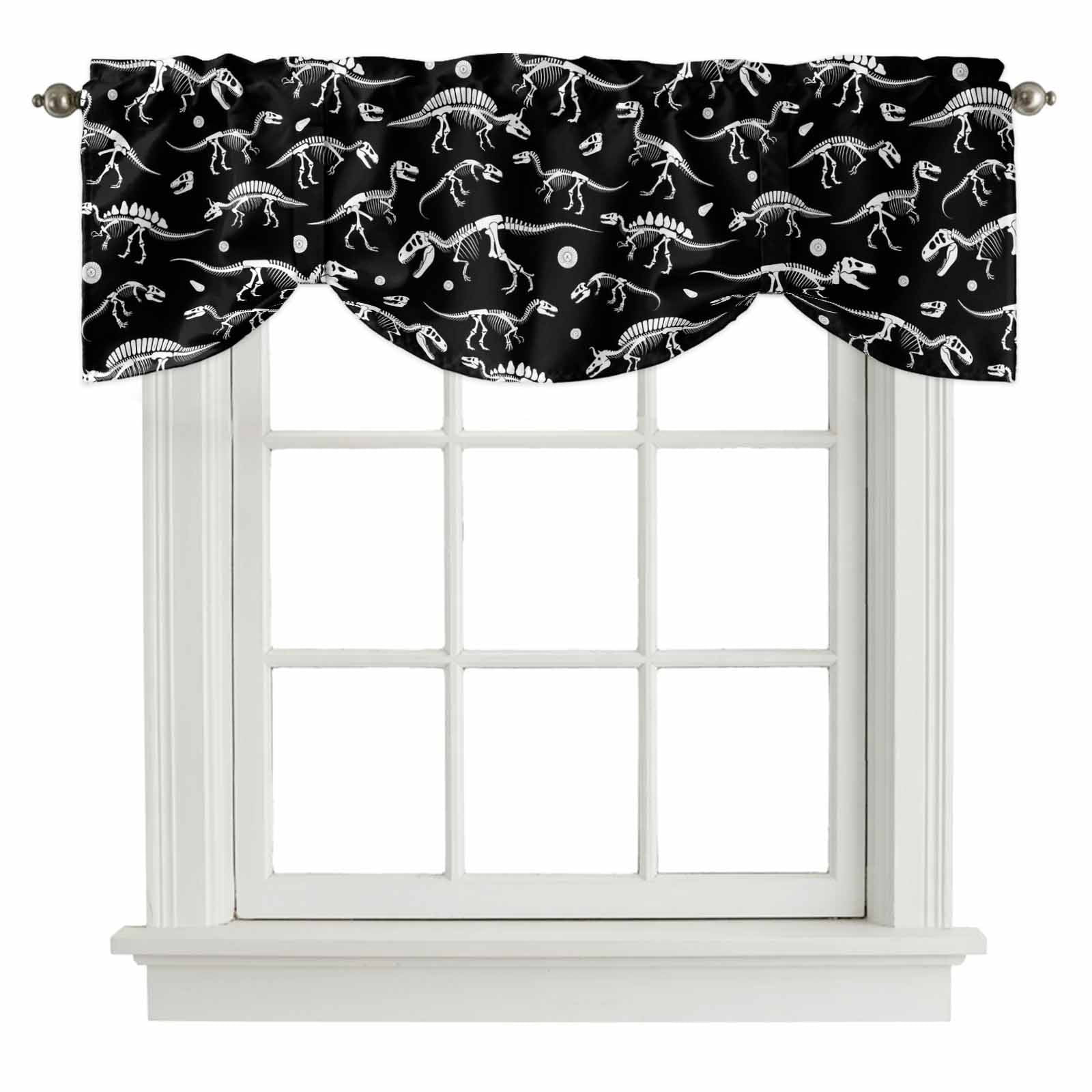 Tie Up Valance Halloween Dinosaur Black Valances for Windows Funny Dino Skull Boys Girls Children Balloon Shade Valance Window Treatment Short Curtain Valances for Living Room Kitchen Bedroom 60"x18"