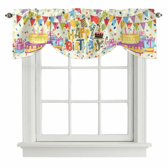 Tie Up Valance Happy Birthday Valances for Windows Beige Balloon Ribbon Cake Balloon Shade Valance Rod Pocket Window Treatment Short Curtain Valances for Living Room Kitchen Bedroom Bathroom 54"x18"