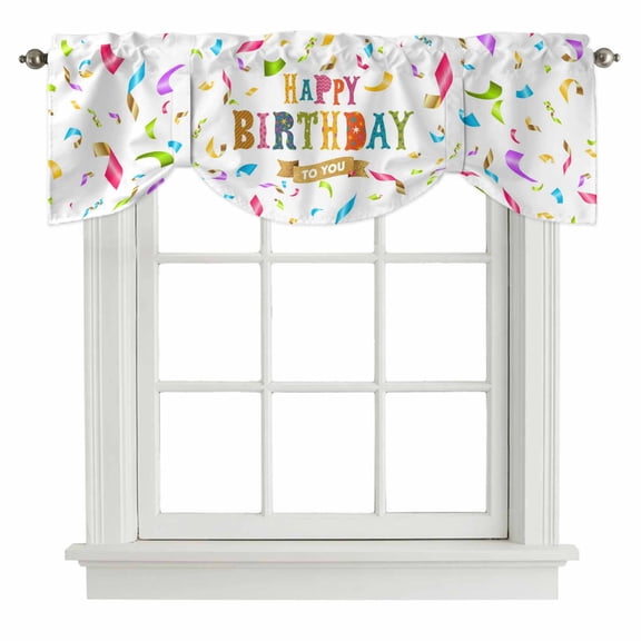 Tie Up Valance Happy Birthday Valances for Windows Colorful Words Balloon Shade Valance Rod Pocket Window Treatment Adjustable Short Curtain Valances for Living Room Kitchen Bedroom Bathroom 60"x18"