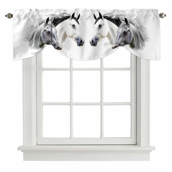 Tie Up Valance Horse Print Valances for Windows Modern Watercolor Grey White Animals Balloon Shade Valance Window Treatment Short Curtain Valances for Living Room Kitchen Bedroom Bathroom 42"x12"