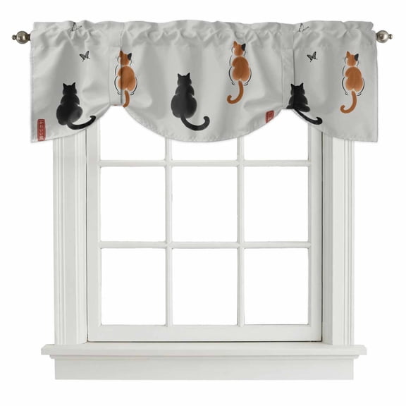 Tie Up Valance Japanese Cute Cat Valances for Windows Harmony Cartoon Kitty Butterfly Balloon Shade Valance Window Treatment Short Curtain Valances for Living Room Kitchen Bedroom Bathroom 54"x18"