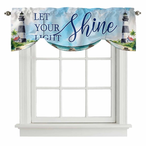 Tie Up Valance Lighthouse Valances for Windows Blue Coastal Nautical Ocean Beach Palm Tree Balloon Shade Valance Window Treatment Short Curtain Valances for Living Room Kitchen Bedroom 42"x12"