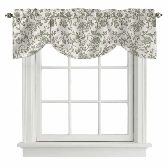 Tie Up Valance Spring Flowers Valances for Windows Farmhouse Sage Green Pastoral Floral Leaf Balloon Shade Valance Window Treatment Short Curtain Valances for Living Room Kitchen Bedroom 42"x12"