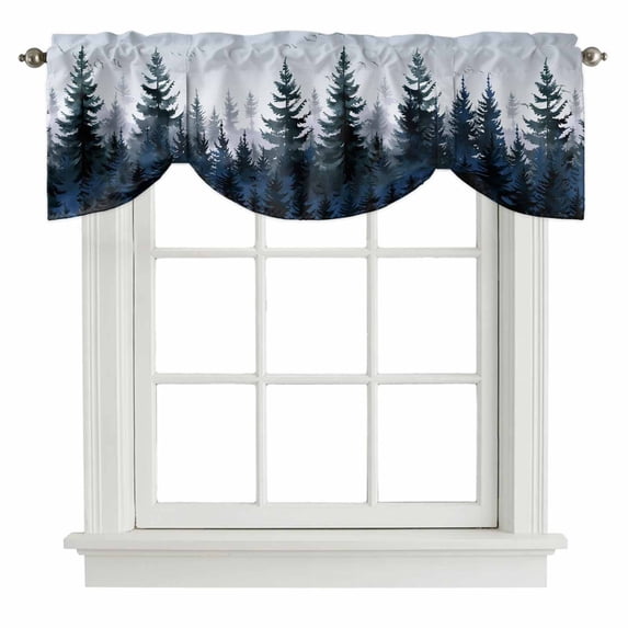 Tie Up Valance for Windows Blue Forest Curtains Valances Rod Pocket Valance Window Treatments Tree Bird Nature Landscape Balloon Curtains for Kitchen Living Room Bedroom Bathroom Decor 42x12 Inch
