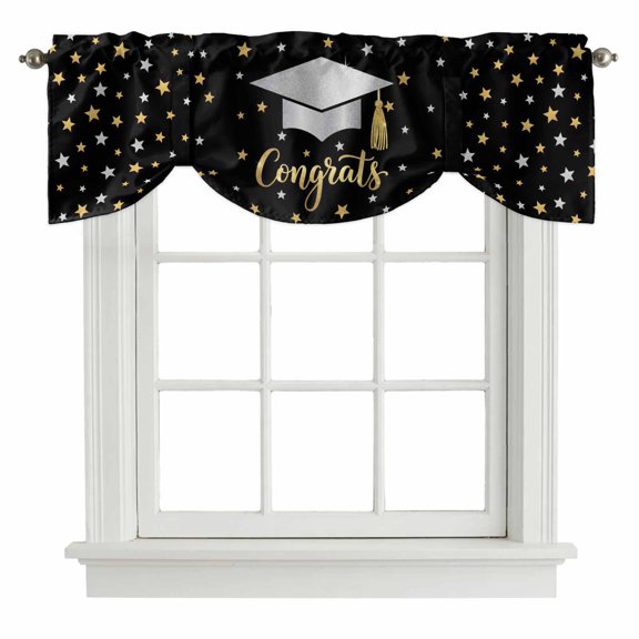 Tie Up Valance for Windows Congrats Bachelor's Hat Curtains Valances Rod Pocket Valance Window Treatments Stars Graduate Season Balloon Curtains for Kitchen Living Room Bedroom Bathroom 42x12 Inch