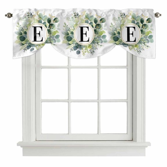Tie Up Valance for Windows Letter E Curtains Valances Rod Pocket Valance Window Treatments Alphabet Green Eucalyptus Leaves Balloon Curtains for Kitchen Living Room Bedroom Bathroom Decor 42x12 Inch