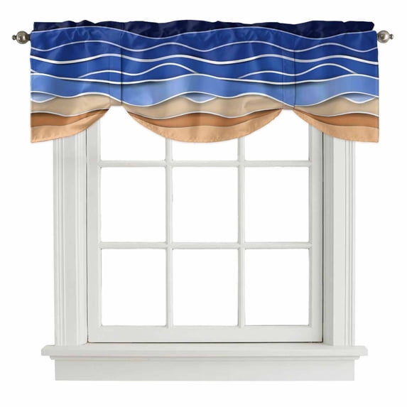 Tie Up Valance for Windows Navy Blue Waves Curtains Valances Rod Pocket Valance Window Treatments Abstract Water Lines Balloon Curtains for Kitchen Living Room Bedroom Bathroom Decor 54x18 Inch