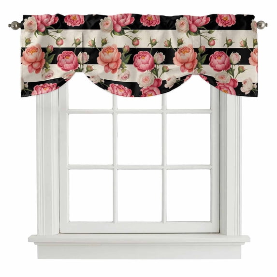 Tie Up Valance for Windows Pink Peony Rose Curtains Valances Rod Pocket Valance Window Treatments Floral Black Stripes Linen Balloon Curtains for Kitchen Living Room Bedroom Bathroom 42x12 Inch