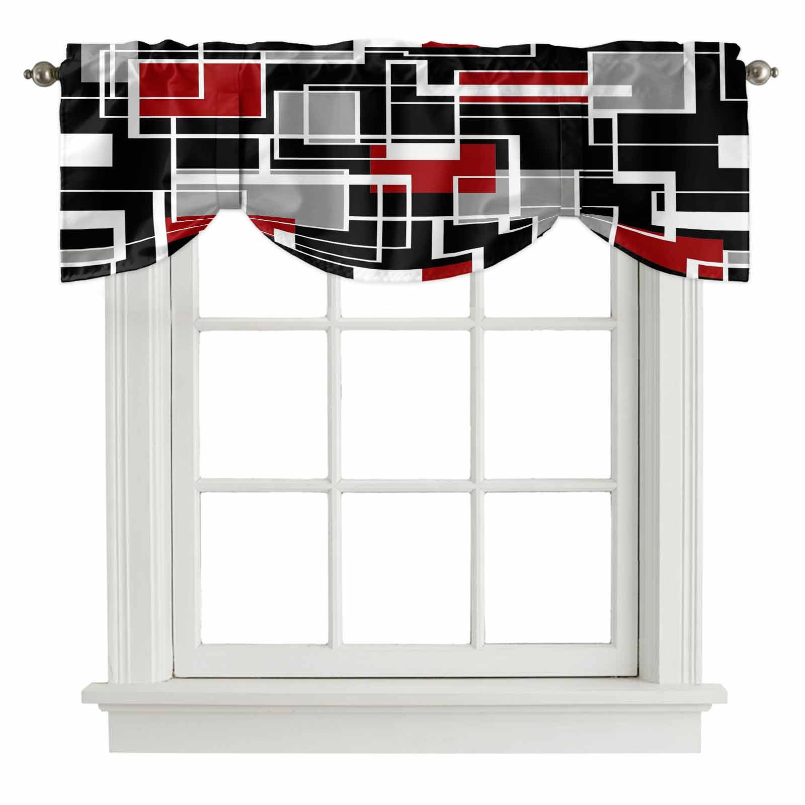 Window Square Valance Tie Up Valance for Windows Red Geometric Curtains Valances Rod Pocket ...