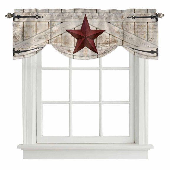 Tie Up Valance for Windows Rusty Barn Star Doors Curtains Valances Rod Pocket Valance Window Treatments Red Retro Rustic Walls Balloon Curtains for Kitchen Living Room Bedroom Bathroom 42x12 Inch