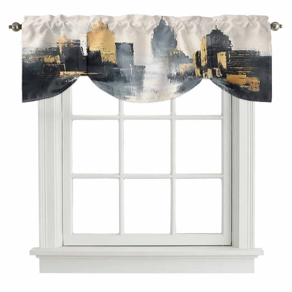 Tie Up Valances for Windows, Abstract City Adjustable Valance Curtains Window Treatment for Living Room, Retro Chic Abstract Building Oil Painting Rod Pocket Kitchen Curtains & Drapes 42x12 Inch