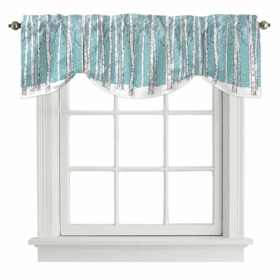 Tie Up Valances for Windows, Aqua Tree Trunk Adjustable Valance Curtains Window Treatment for Living Room/Bedroom, Farmhouse Forest Snow Abstract Rod Pocket Kitchen Curtains & Drapes 42x12 Inch