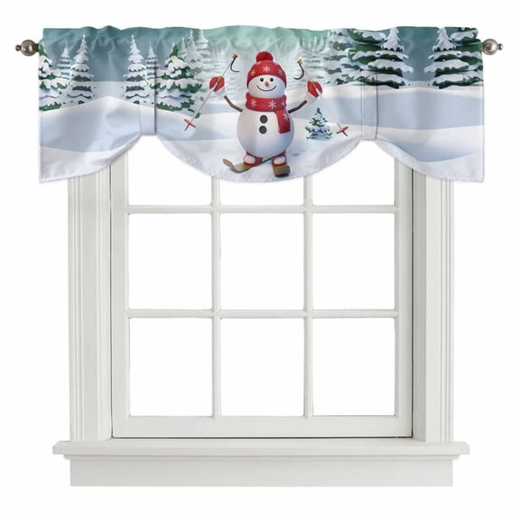 Tie Up Valances for Windows, Aurora Green Christmas Adjustable Valance Curtains Window Treatment for Living Room, Winter Skiing Snowman Pine Tree Rod Pocket Kitchen Curtains & Drapes 42x12 Inch