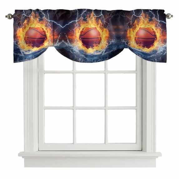 Tie Up Valances for Windows, Basketball Adjustable Valance Curtains Window Treatment for Living Room/Bedroom Windows, Blue Red Splashing Water Fire Rod Pocket Kitchen Curtains & Drapes 42x18 Inch