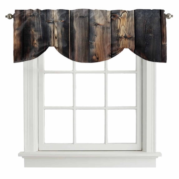 Tie Up Valances for Windows, Black Brown Plank Adjustable Valance Curtains Window Treatment for Living Room/Bedroom Windows, Vintage Chic Wooden Grain Rod Pocket Kitchen Curtains & Drapes 54x18 Inch