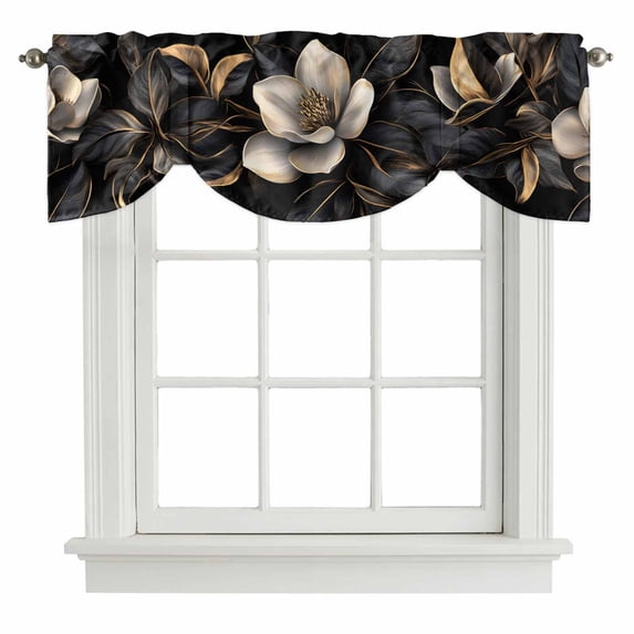 Tie Up Valances for Windows, Black Gold Flower Adjustable Valance Curtains Window Treatment for Living Room, Gradient Luxurious Floral Botanical Rod Pocket Kitchen Curtains & Drapes 54x18 Inch