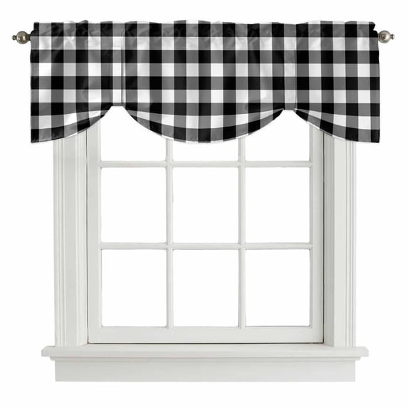 Tie Up Valances for Windows, Black White Plaid Adjustable Valance Curtains Window Treatment for Living Room, Gradient Geometric Buffalo Checkered Rod Pocket Kitchen Curtains & Drapes 42x18 Inch