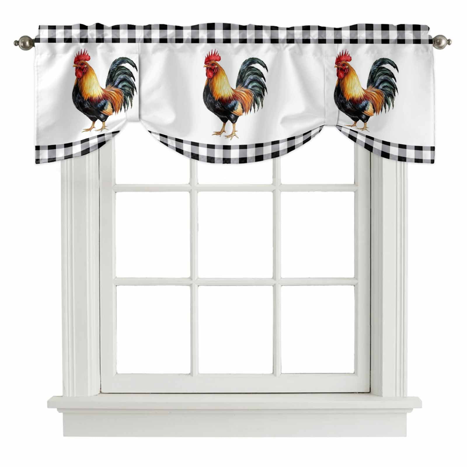 Tie Up Valances for Windows, Black White Plaid Rooster Adjustable