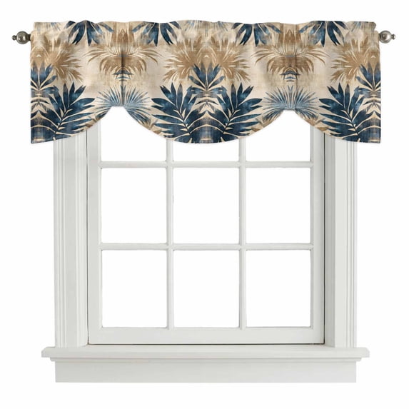 Tie Up Valances for Windows, Blue Brown Palm Leaf Adjustable Valance Curtains Window Treatment for Living Room/Bedroom, Summer Botanical Vintage Rod Pocket Kitchen Curtains & Drapes 42x12 Inch