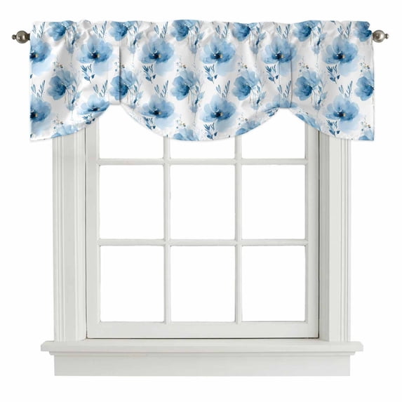 Tie Up Valances for Windows, Blue Flowers Adjustable Valance Curtains Window Treatment for Living Room/Bedroom Windows, Country Pastoral Floral Spring Rod Pocket Kitchen Curtains & Drapes 42x18 Inch