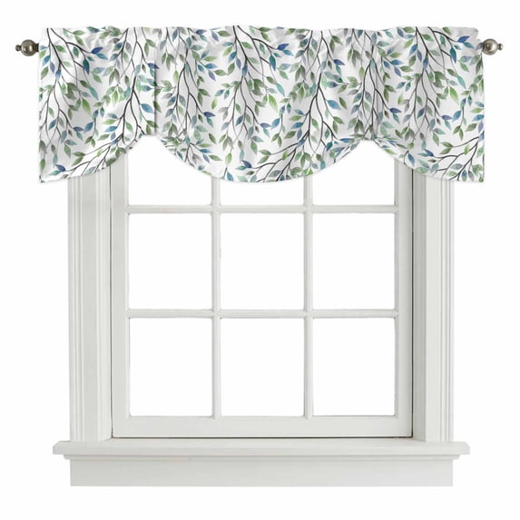 Tie Up Valances for Windows, Blue Green Eucalyptus Adjustable Valance Curtains Window Treatment for Living Room, Spring Botanical Leaves Weeping Rod Pocket Kitchen Curtains & Drapes 42x12 Inch