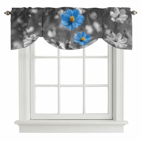Tie Up Valances for Windows, Blue Grey Daisy Adjustable Valance Curtains Window Treatment for Living Room/Bedroom, Farmhouse Flowers Abstract Country Rod Pocket Kitchen Curtains & Drapes 42x12 Inch