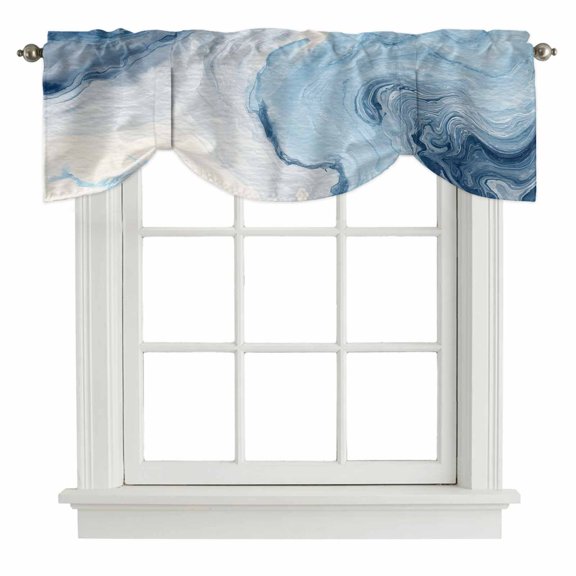 Tie Up Valances for Windows, Blue Marble Adjustable Valance Curtains Window Treatment for Living Room/Bedroom Windows, Summer Ocean Wave Blue Ombre Rod Pocket Kitchen Curtains & Drapes 42x12 Inch