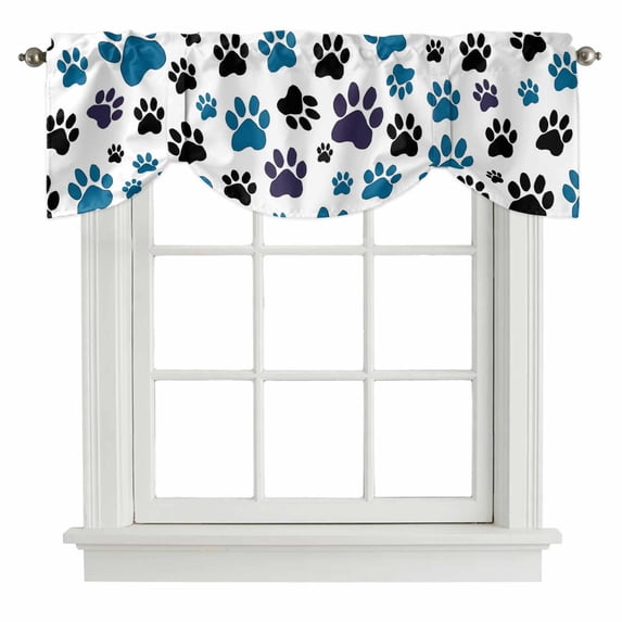 Tie Up Valances for Windows, Blue Paw Print Adjustable Valance Curtains Window Treatment for Living Room, Black Animals Cat Dog Colored Cartoon Rod Pocket Kitchen Curtains & Drapes 42x12 Inch