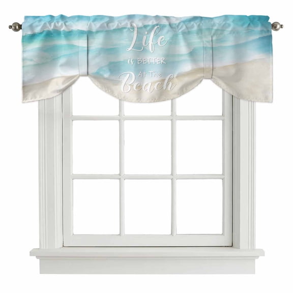 Tie Up Valances for Windows, Blue Waves Adjustable Valance Curtains Window Treatment for Living Room/Bedroom, Summer Beach Coastal Nautical Ocean Rod Pocket Kitchen Curtains & Drapes 42x12 Inch