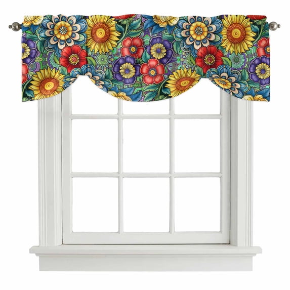 Tie Up Valances for Windows, Boho Colorful Floral Adjustable Valance Curtains Window Treatment for Living Room, Spring Flower Botanical Sunflowers Plant Rod Pocket Kitchen Curtains 42x12 Inch