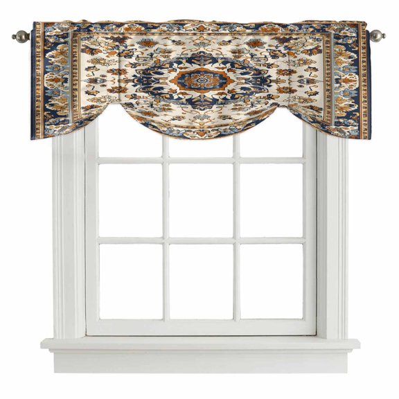Tie Up Valances for Windows, Boho Navy Blue Brown Adjustable Valance Curtains Window Treatment for Living Room, Geometric Southwestern Classical Rod Pocket Kitchen Curtains & Drapes 42x12 Inch