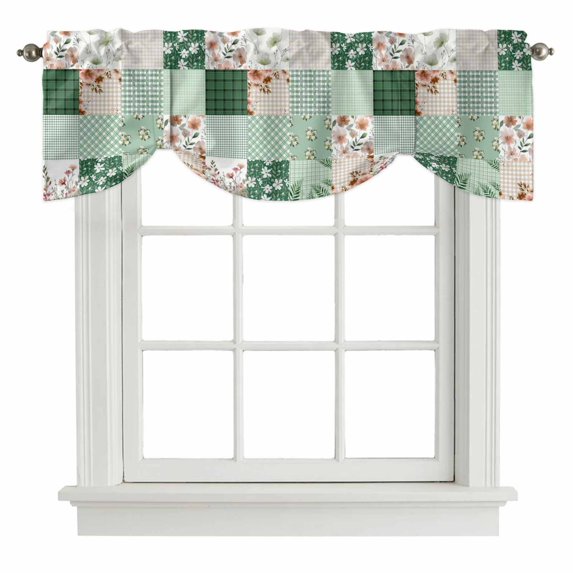 Tie Up Valances for Windows, Boho Spring Floral Adjustable Valance Curtains Window Treatment for Living Room, Retro Flowers Plants Patchwork Grid Green Rod Pocket Kitchen Curtains 42x18 Inch