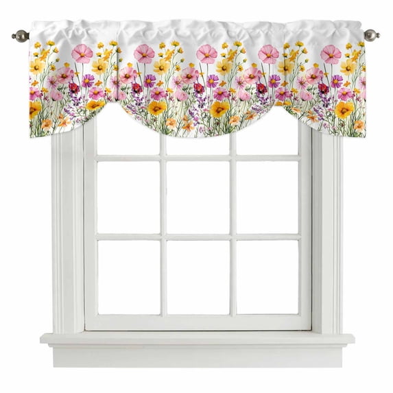 Tie Up Valances for Windows, Botanical Flowers Adjustable Valance Curtains Window Treatment for Living Room, Rustic Seasonal Blooms Floral Herbs Rod Pocket Kitchen Curtains & Drapes 42x18 Inch