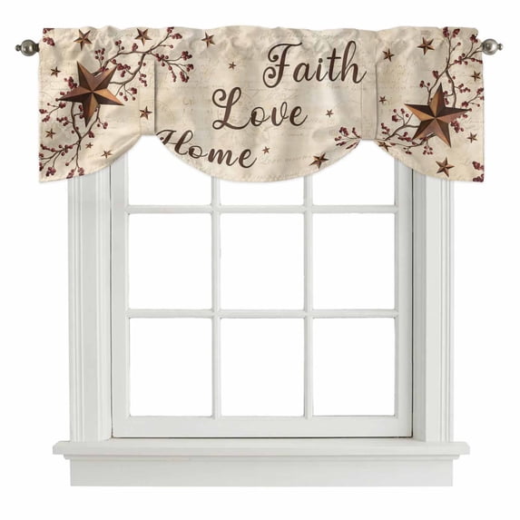Tie Up Valances for Windows, Brown Farmhouse Adjustable Valance Curtains Window Treatment for Living Room, Retro Country Stars Rustic Branches Berry Rod Pocket Kitchen Curtains & Drapes 54x18 Inch