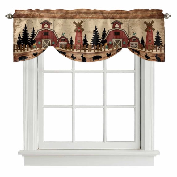 Tie Up Valances for Windows, Brown Farmhouse Adjustable Valance Curtains Window Treatment for Living Room, Vintage Country Animals Wooden Grain Rod Pocket Kitchen Curtains & Drapes 42x18 Inch