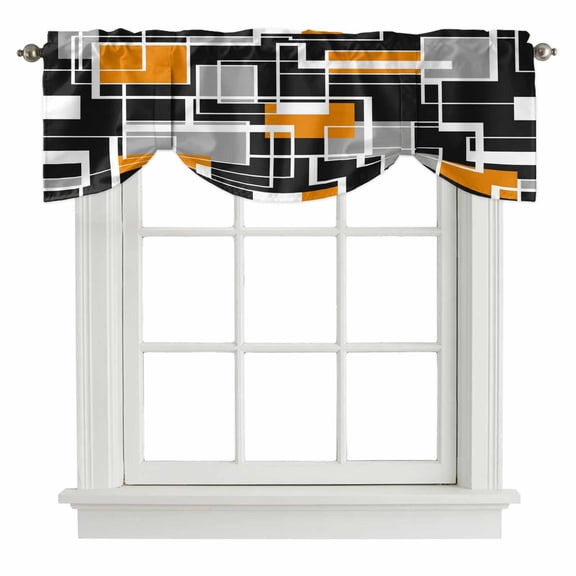 Tie Up Valances for Windows, Burnt Orange Black Geometric Adjustable Valance Curtains Window Treatment for Living Room, Modern Color Block Abstract Rod Pocket Kitchen Curtains & Drapes 60x18 Inch