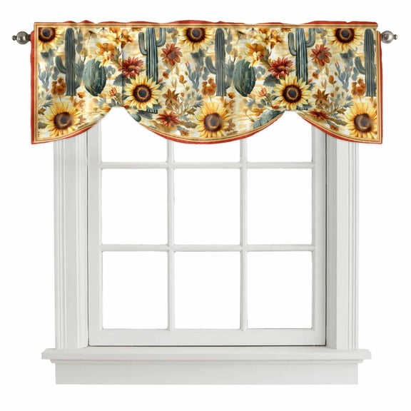 Tie Up Valances for Windows, Cactus Sunflowers Adjustable Valance Curtains Window Treatment for Living Room/Bedroom Windows, Watercolor Summer Floral Rod Pocket Kitchen Curtains & Drapes 42x12 Inch