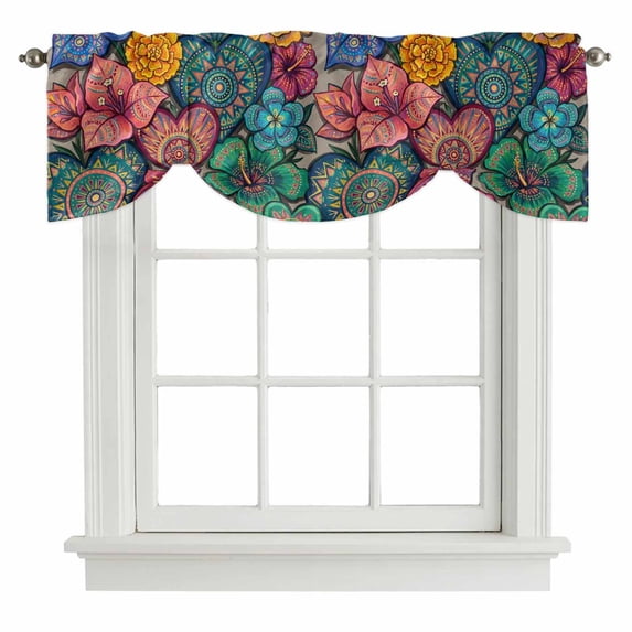 Tie Up Valances for Windows, Colorful Abstract Floral Adjustable Valance Curtains Window Treatment for Living Room, Farmhouse Vintage Flowers Boho Rod Pocket Kitchen Curtains & Drapes 42x18 Inch