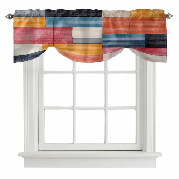 Tie Up Valances for Windows, Colorful Abstract Geo Adjustable Valance Curtains Window Treatment for Living Room/Bedroom Windows, Vintage Color Block Rod Pocket Kitchen Curtains & Drapes 42x12 Inch