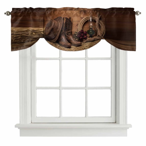 Tie Up Valances for Windows, Cowboy Western Adjustable Valance Curtains Window Treatment for Living Room, Cowboy Hats Boots Retro Rose Brown Wooden Rod Pocket Kitchen Curtains & Drapes 54x18 Inch