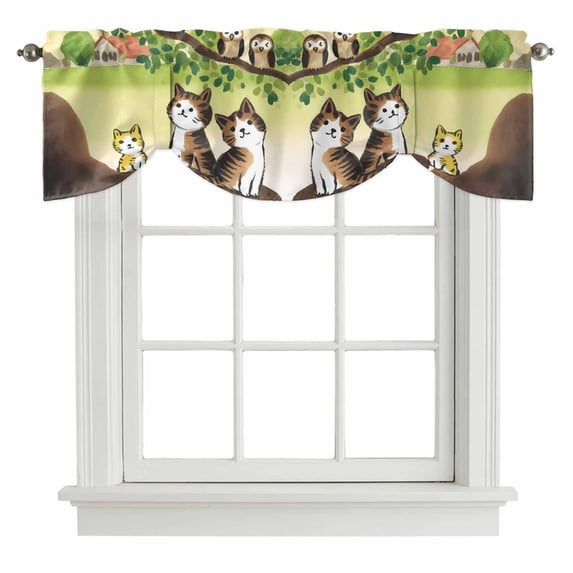 Tie Up Valances for Windows, Cute Cats Adjustable Valance Curtains Window Treatment for Living Room, Japanese Owls Animals Country Leaves Rustic Rod Pocket Kitchen Curtains & Drapes 42x12 Inch