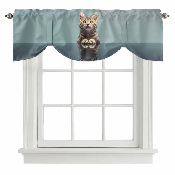 Tie Up Valances for Windows, Cute Lovely Cat Adjustable Valance Curtains Window Treatment for Living Room/Bedroom Windows, Modern Art Mirror Image Pet Rod Pocket Kitchen Curtains & Drapes 42x12 Inch