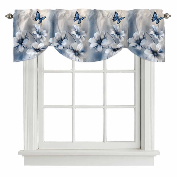 Tie Up Valances for Windows, Elegant Floral Adjustable Valance Curtains Window Treatment for Living Room/Bedroom, Modern Rustic Blue Butterfly Flowers Rod Pocket Kitchen Curtains & Drapes 60x18 Inch