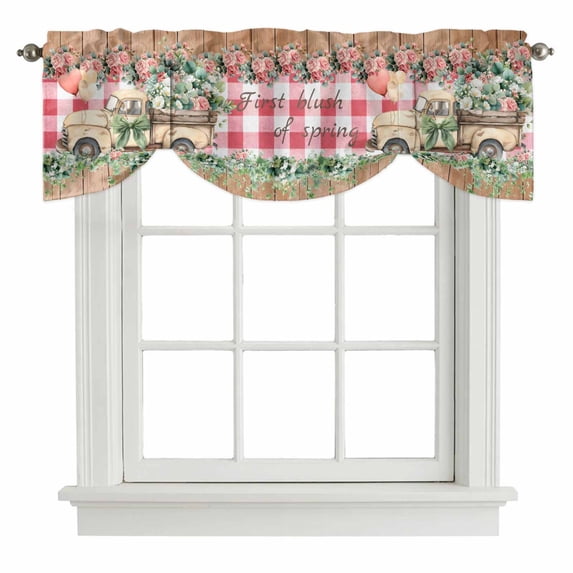 Tie Up Valances for Windows, Eucalyptus Trucks Adjustable Valance Curtains Window Treatment for Living Room, Spring Rustic Floral Wooden Red Plaid Rod Pocket Kitchen Curtains & Drapes 54x18 Inch